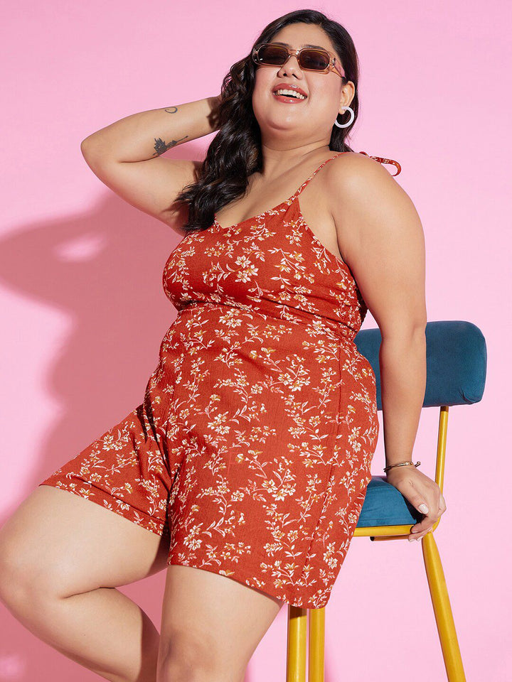 Berrylush Curve Plus Size Red & White Floral Printed Shoulder Straps Playsuit