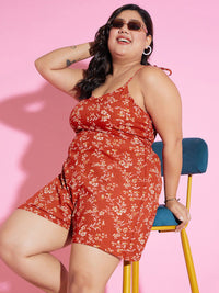 Berrylush Curve Plus Size Red & White Floral Printed Shoulder Straps Playsuit