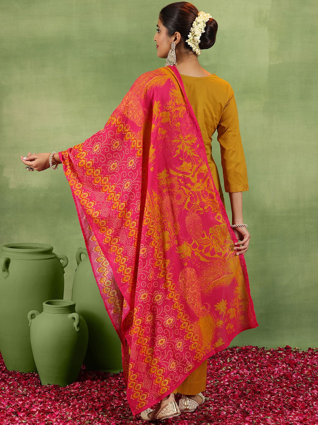 Libas Mustrad Yellow Floral Embroidered Schiffli Cotton Kurta With Trousers & Dupatta