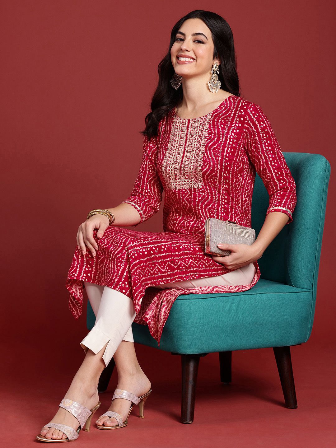 Anouk Wanita Bandhani Bercetak Thread Kerja kurta