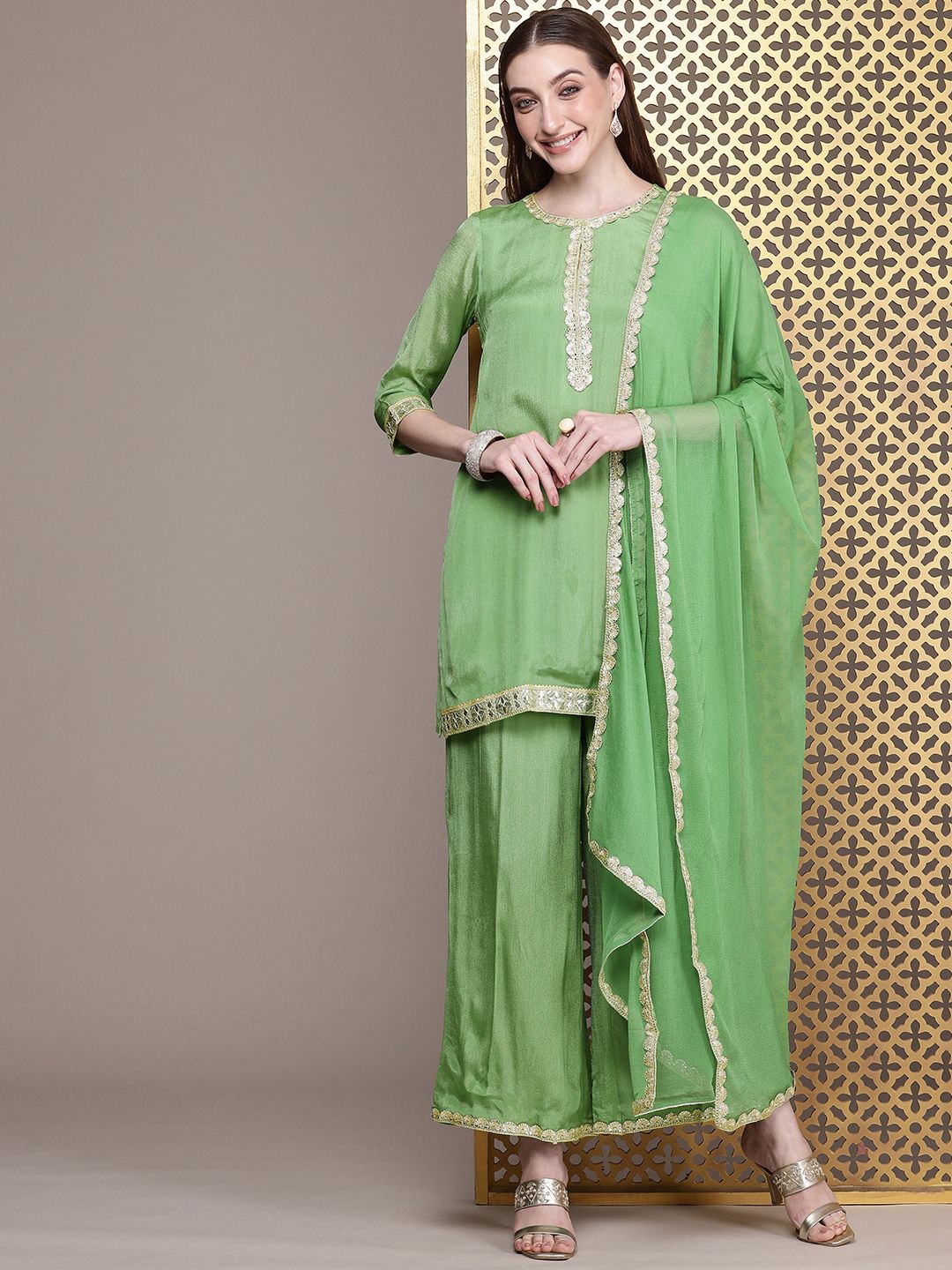 House of Pataudi Women Jashn Gotta Patti Kurti With Palazzos & Dupatta