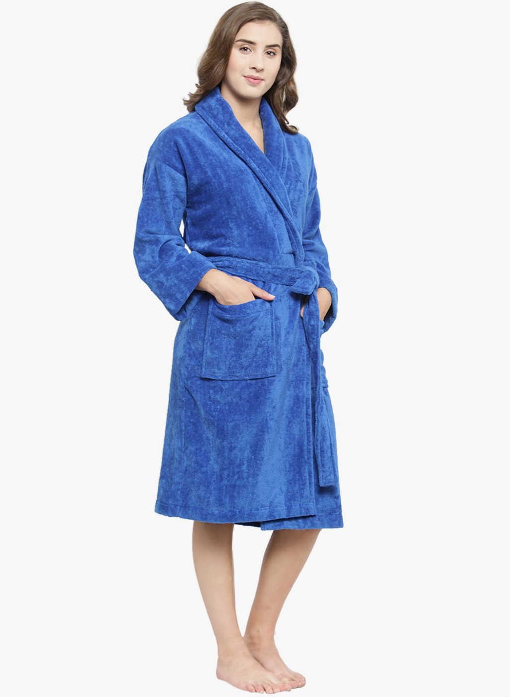 Women Navy Blue Solid Bath Robe