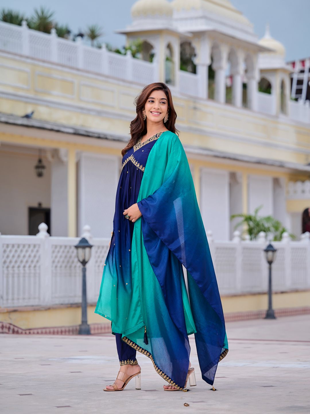 KALINI Ombre Dyed Empire Sequinned Anarkali Kurta with Trousers & Dupatta