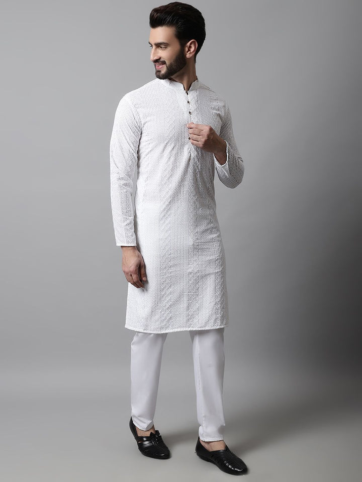 Jompers Men White Embroidered Kurta with Pyjamas