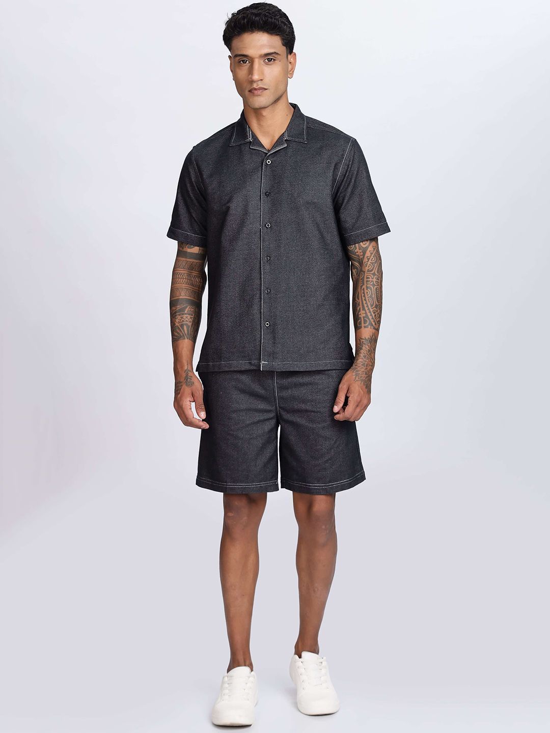 Eszett Black Textured Spread Collar Pure Cotton Shirt With Shorts Co-Ord Set