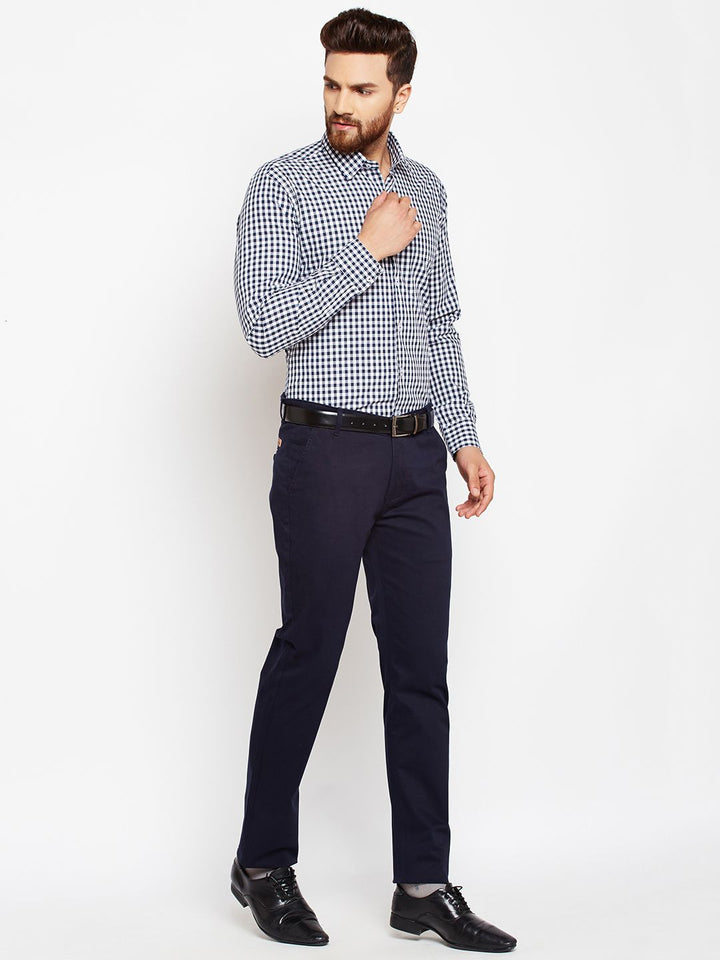Hancock Men Navy Blue & White Slim Fit Checked Formal Shirt