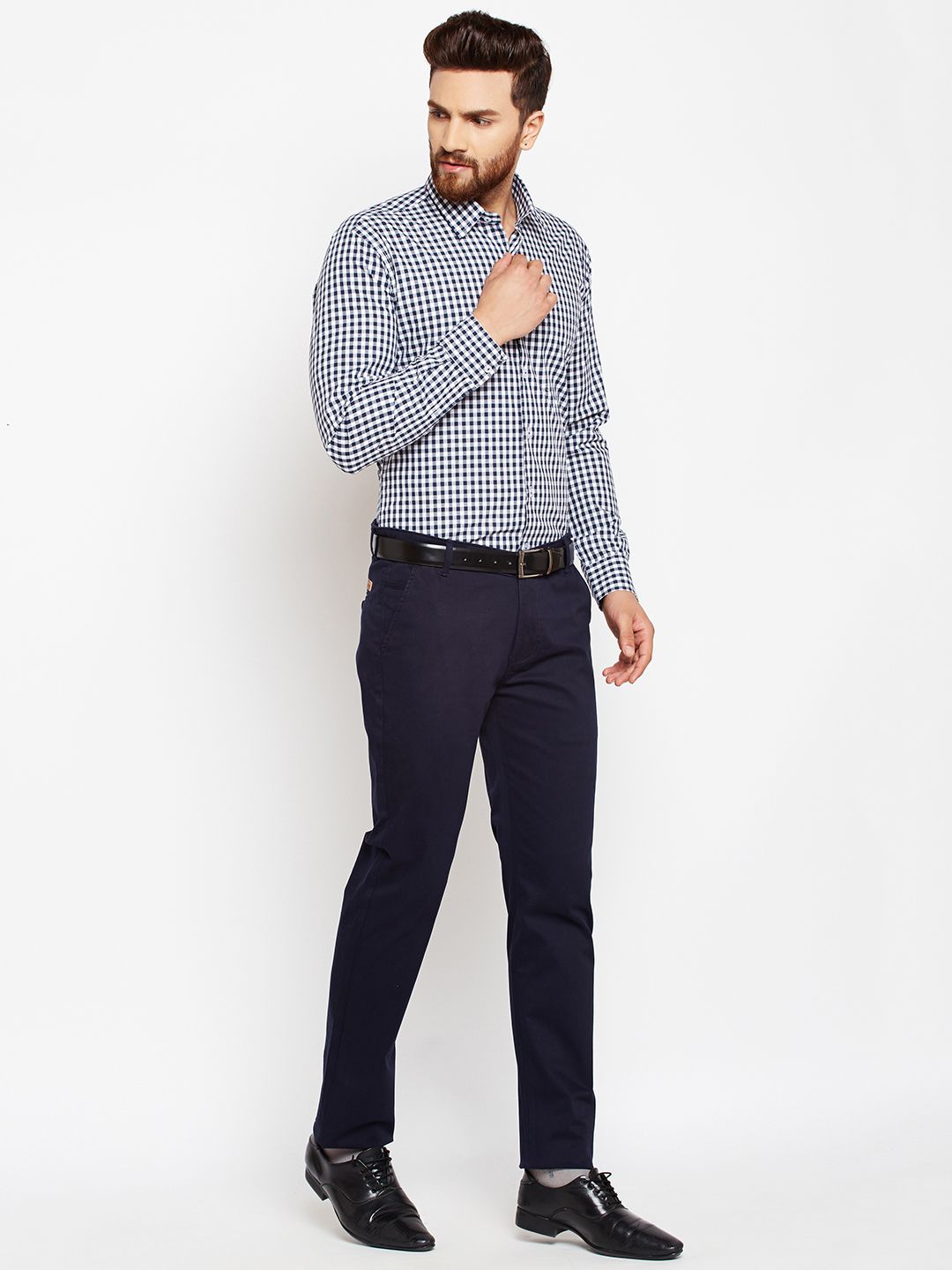 Hancock Men Navy Blue & White Slim Fit Checked Formal Shirt