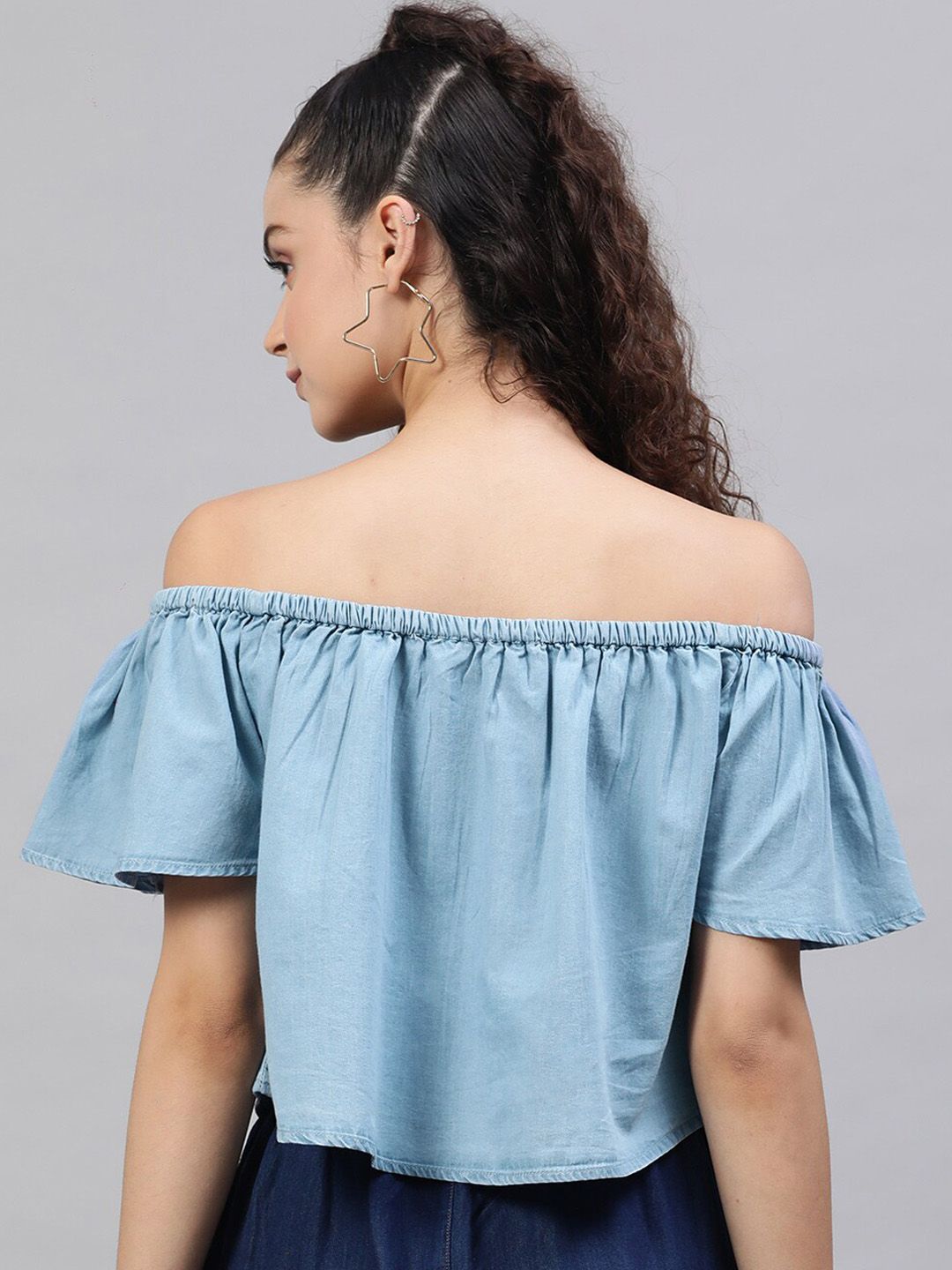 STREET 9 Blue Off-Shoulder Flared Sleeves Pure Cotton Denim Bardot Crop Top