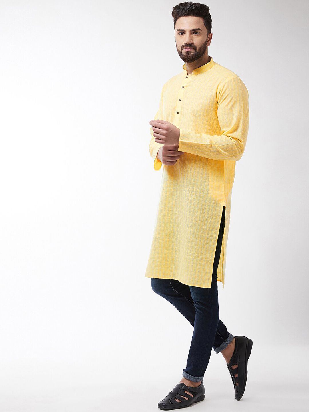 SOJANYA Men Yellow Thread Work Dobby Kurta