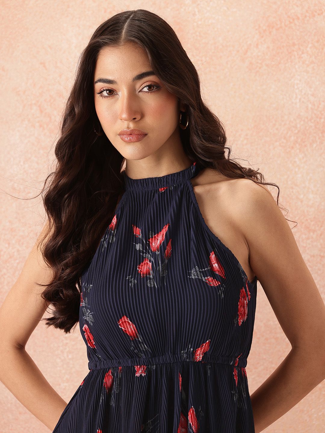 all about you Floral Print Halter Neck Accordion Pleats Fit & Flare Midi Dress