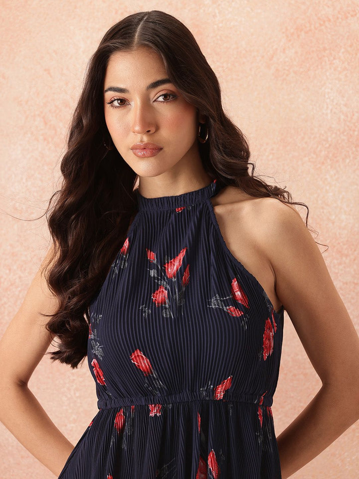 all about you Floral Print Halter Neck Accordion Pleats Fit & Flare Midi Dress