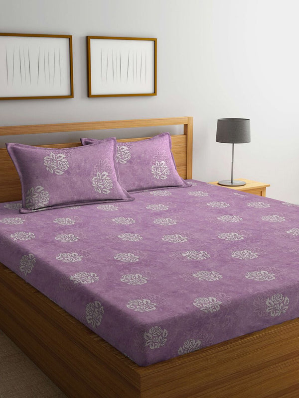KLOTTHE Purple & White Printed Pure Cotton 400 TC King Bedsheet With 2 Pillow Covers