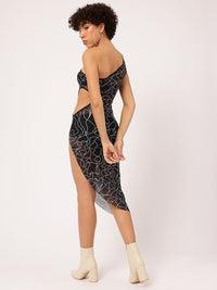 Scribbled Cut-Out Vortex Rebel Sheer Bodycon Asymmetric Flair Net Dress