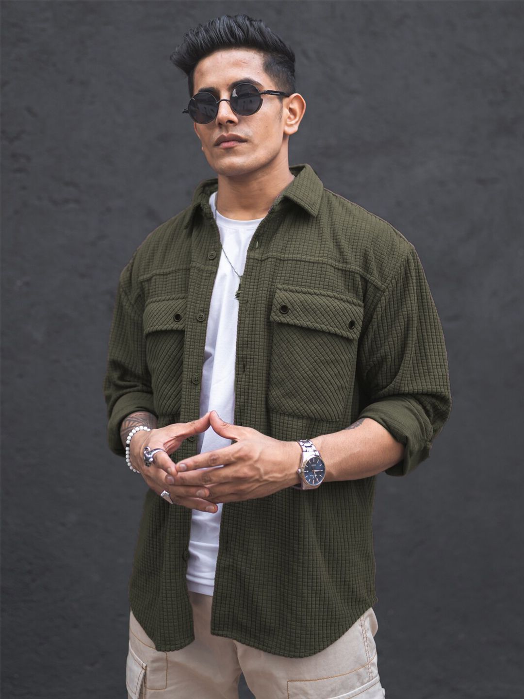Powerlook Olive Green India Slim Textured Oversized Spread Collar Casual Shirt