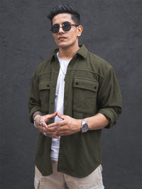 Powerlook Olive Green India Slim Textured Oversized Spread Collar Casual Shirt