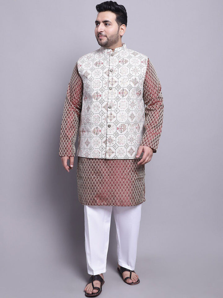 SOJANYA PLUS Plus Size Woven Design Kurta With Pyjamas & Printed Nehru Jacket