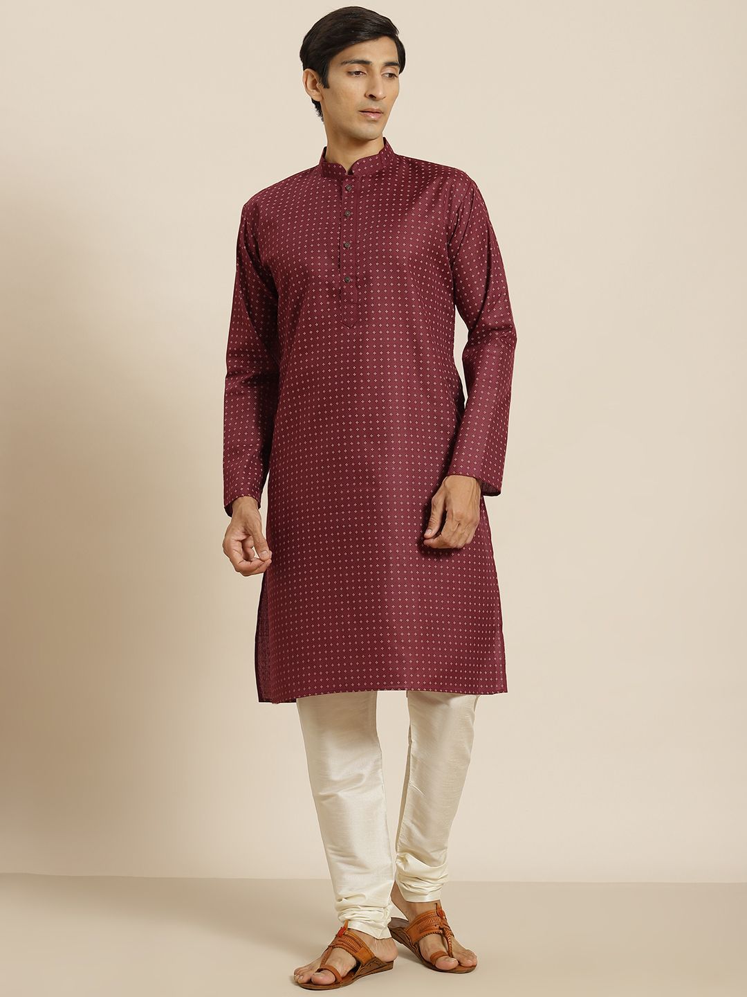 SOJANYA Men Maroon & Cream-Coloured Geometric Print Cotton Linen Straight Kurta