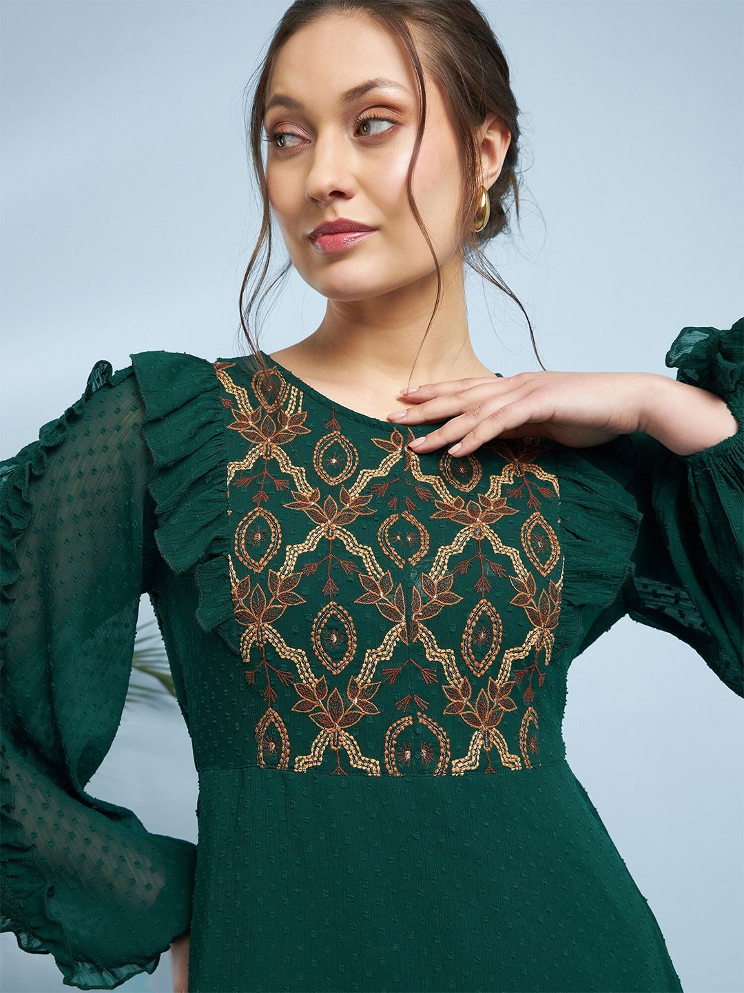 Antheaa Embroidered Puff Sleeve Fit & Flare Midi Dress