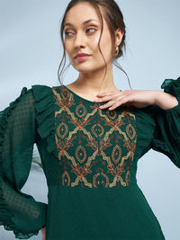 Antheaa Embroidered Puff Sleeve Fit & Flare Midi Dress