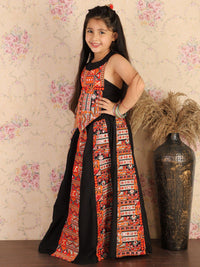 VASTRAMAY Girls Black & Orange Embroidered Patchwork Ready to Wear Lehenga Set