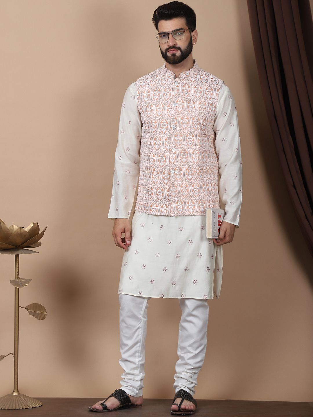 Anouk Cream-Coloured Floral Embroidered Cotton Silk Kurta with Churidar & Nehru Jacket