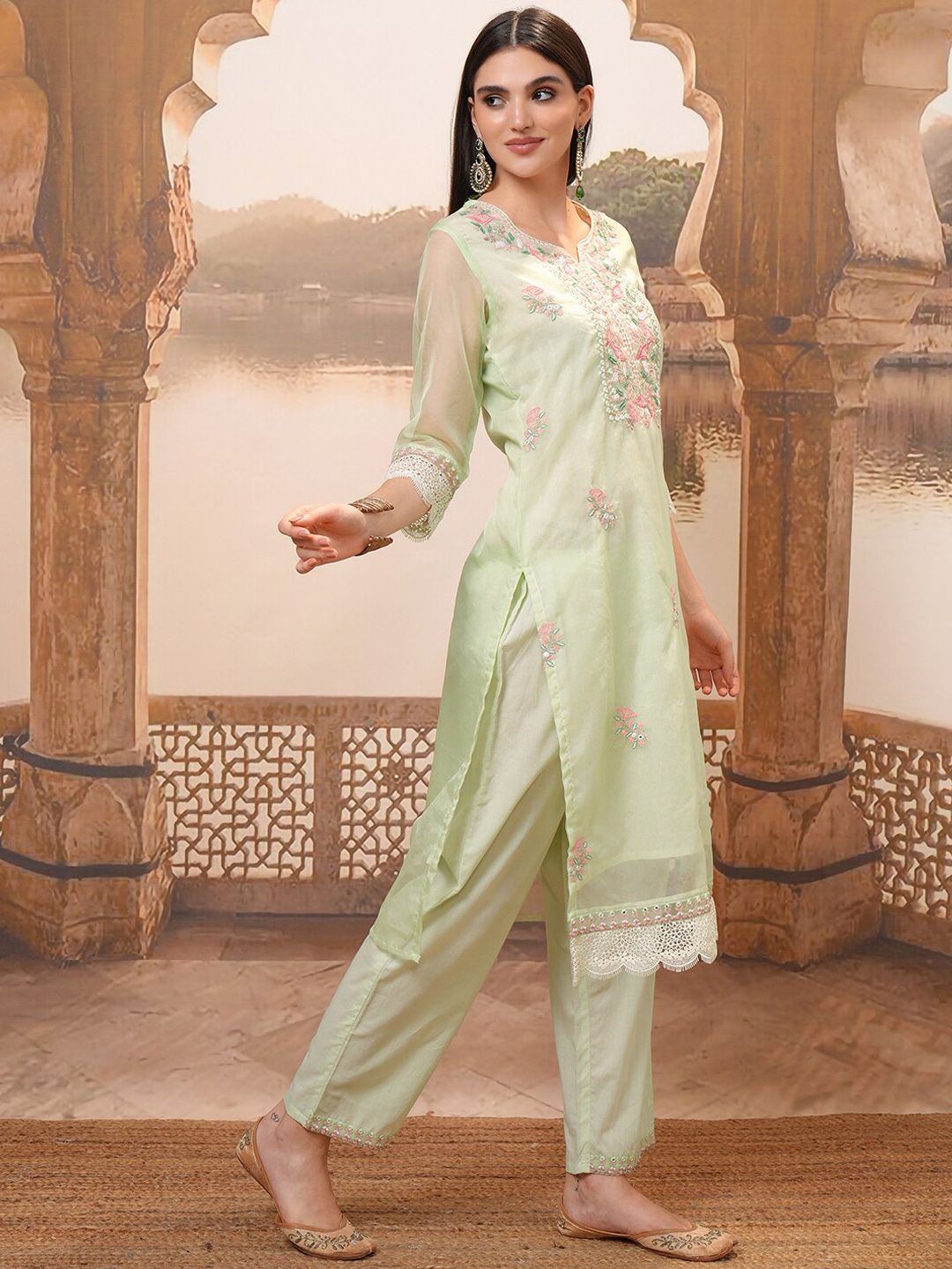Vishudh Green Embroidered Mirror Work Pure Cotton Straight Kurta With Trousers & Dupatta