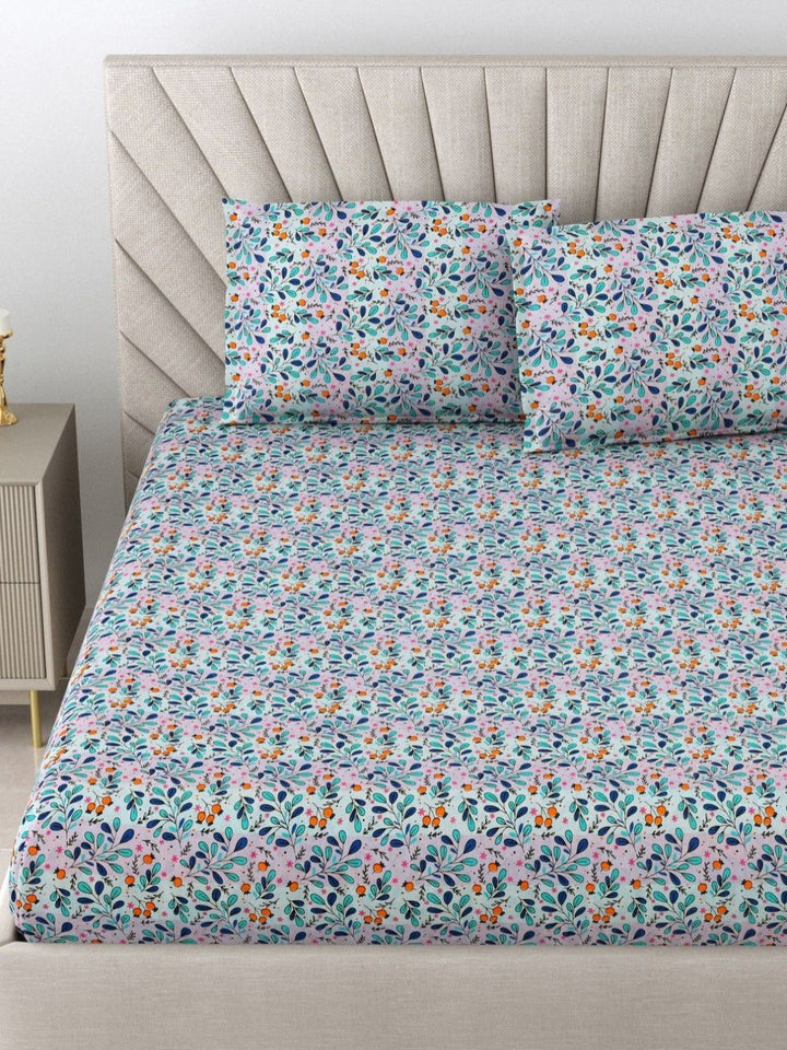 BOMBAY DYEING Dream Lover Blue Floral Printed Cotton 104TC Queen Bedsheet Set 2.54 x 2.24m