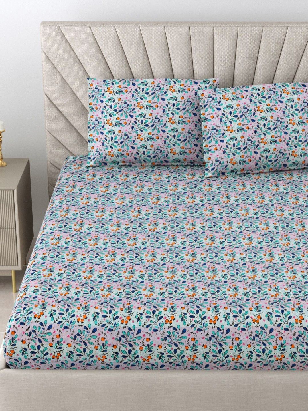 BOMBAY DYEING Dream Lover Blue Floral Printed Cotton 104TC Queen Bedsheet Set 2.54 x 2.24m