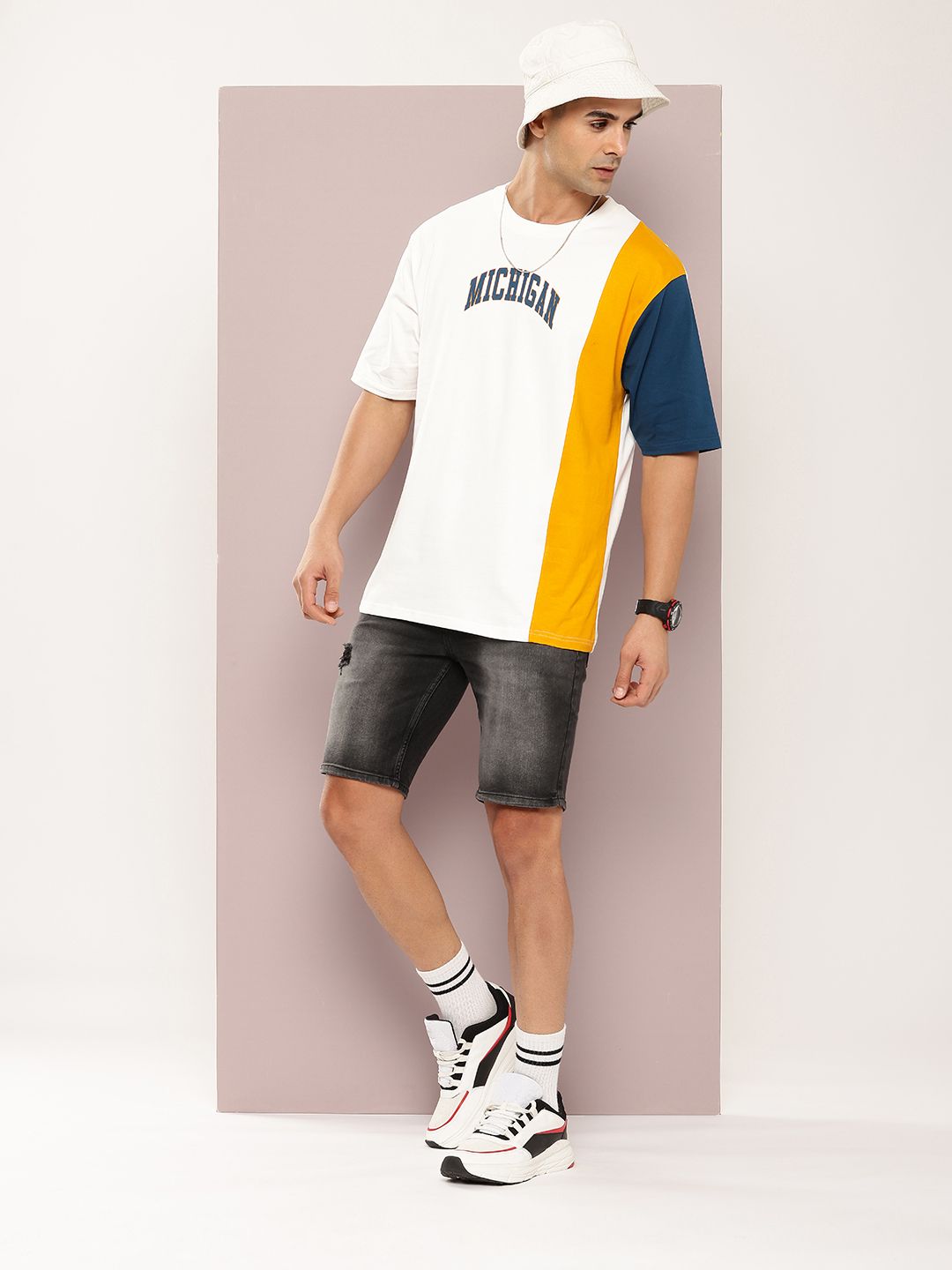 DILLINGER Men Typography Colourblocked Drop-Shoulder Sleeves Oversized Pure Cotton T-shirt