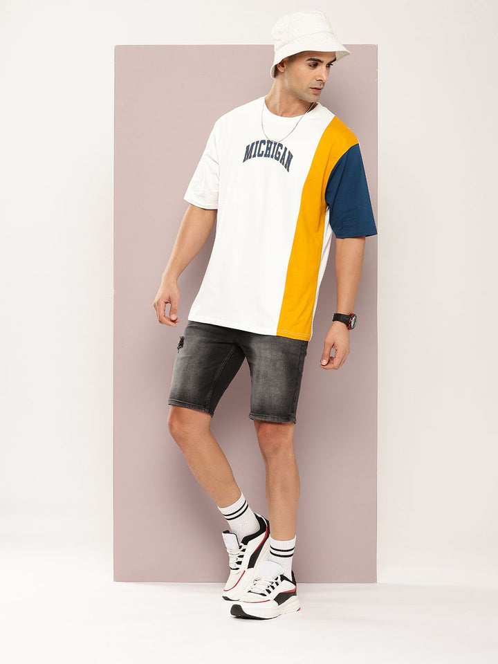 DILLINGER Men Typography Colourblocked Drop-Shoulder Sleeves Oversized Pure Cotton T-shirt