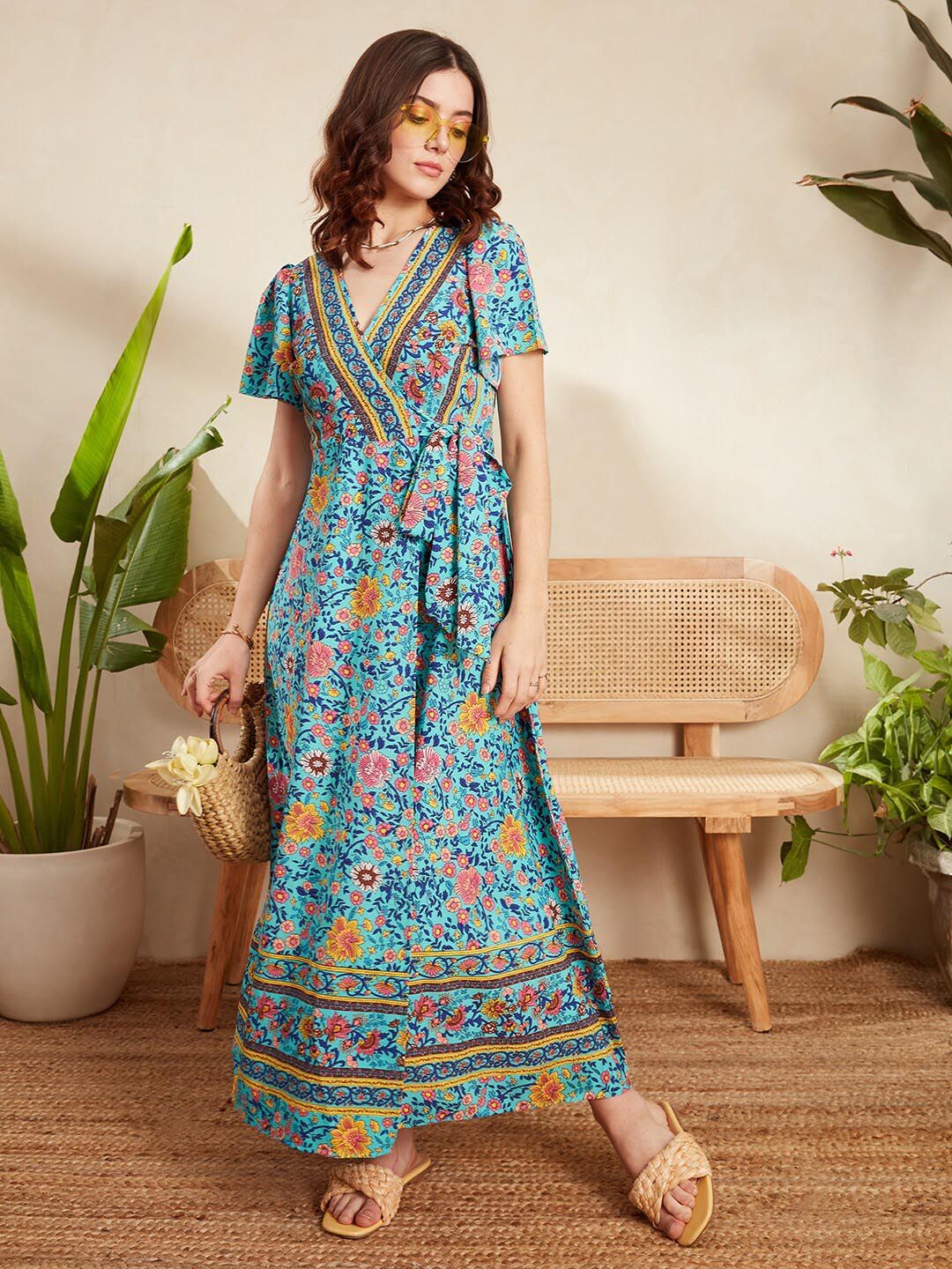 Berrylush Blue Ethnic Motifs Printed Flared Sleeve Tie Up Wrap Dress