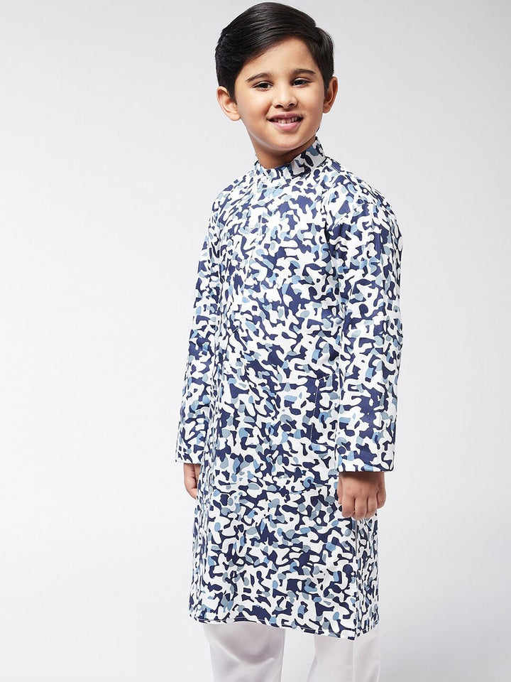 SOJANYA Boys Off White & Navy Blue Cotton Printed Kurta