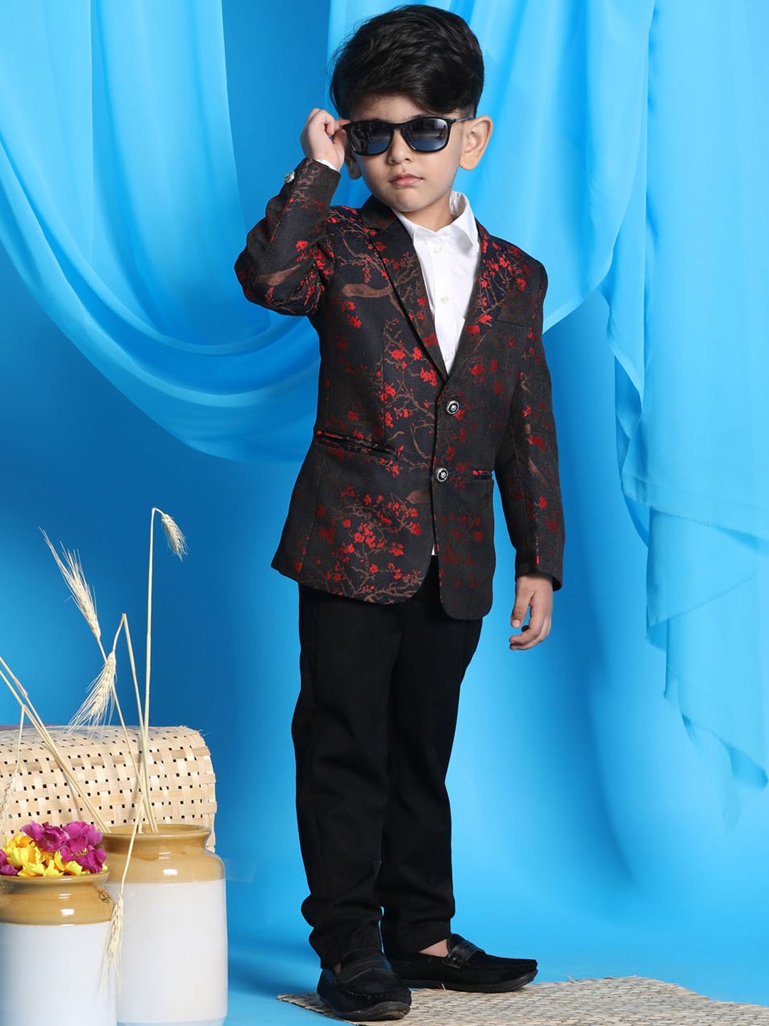 VASTRAMAY Boys Self Design Single Breasted Jaquared Blazer
