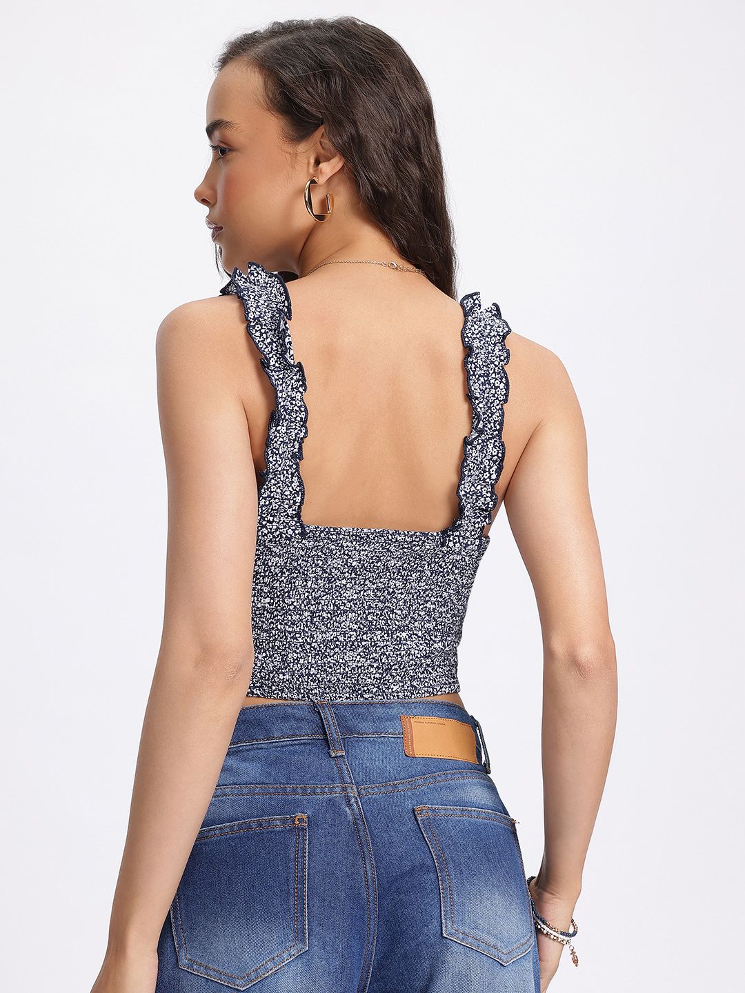 DressBerry Ditsy Blooms Floral Print Smocked Ruffles Crop Top