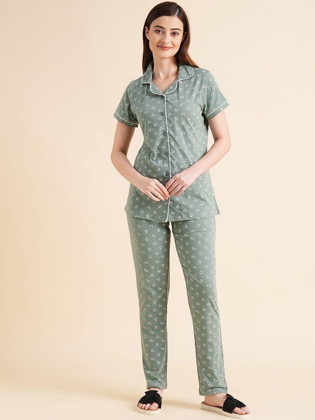 Sweet Dreams Green & White Conversational Printed Pure Cotton Night Suits
