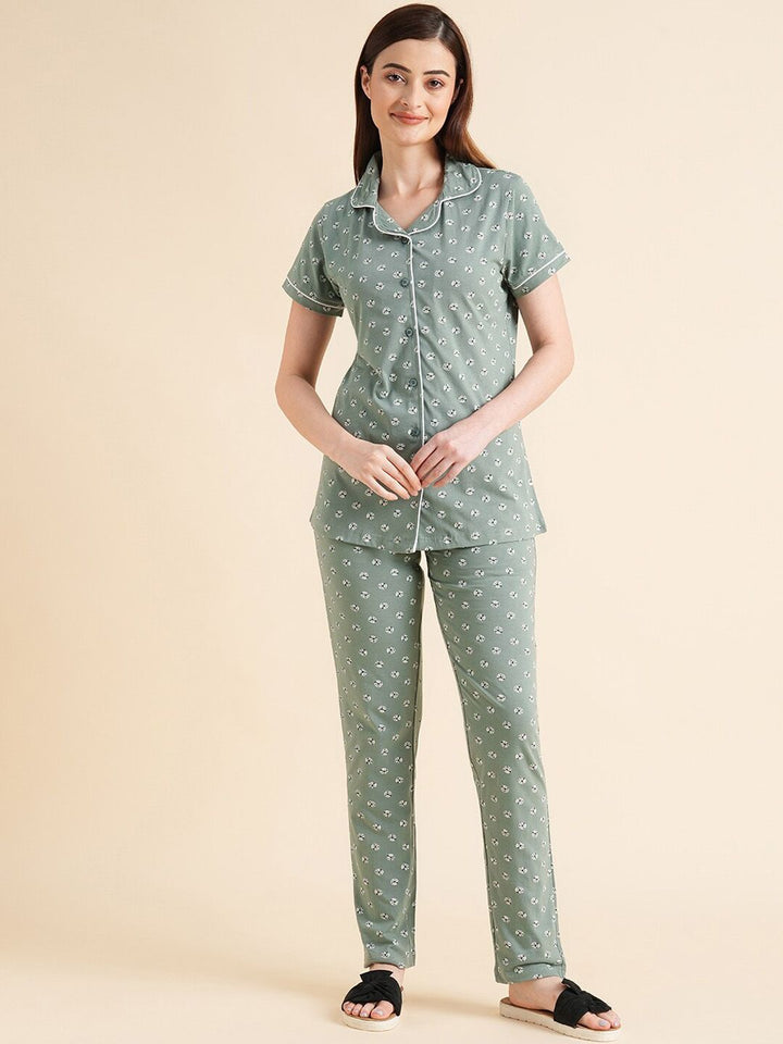 Sweet Dreams Green & White Conversational Printed Pure Cotton Night Suits