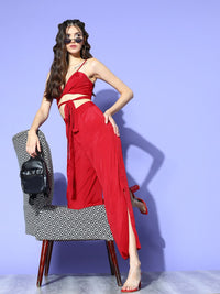 Berrylush Women Lovely Red Solid Top with Trousers