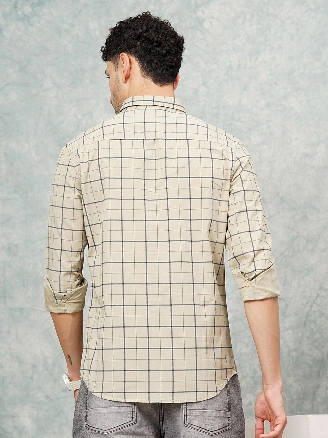The Indian Garage Co Men Beige & Navy Blue Slim Fit Checked Casual Shirt