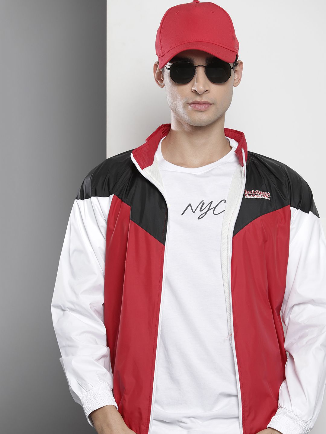 The Indian Garage Co Men Red & White Colourblocked Windcheater Jacket