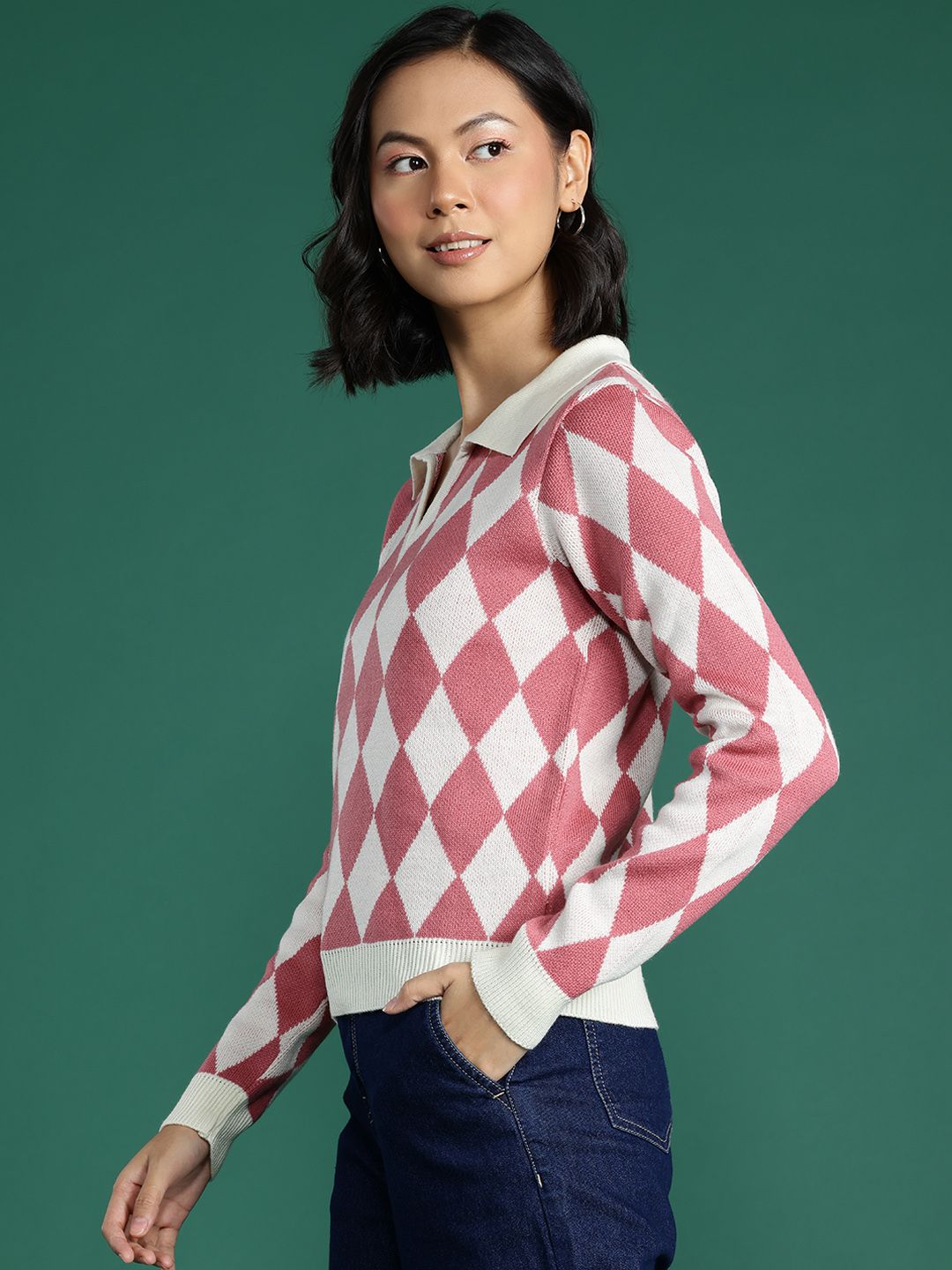 DressBerry Checked Spread Collar Pullover