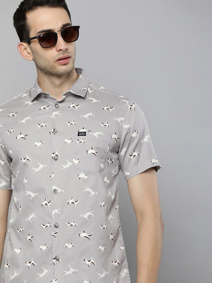The Indian Garage Co Men Grey Slim Fit Printed Casual Shirt