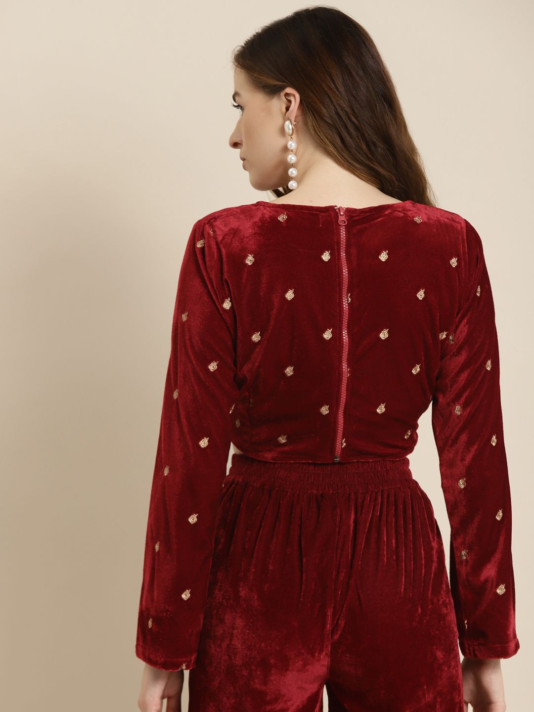 Shae by SASSAFRAS Maroon & Gold-Toned Embroidered Velvet Regular Crop Top