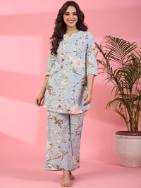 SANSKRUTIHOMES Floral Printed Notched Neck Pure Cotton Kurti With Pyjamas