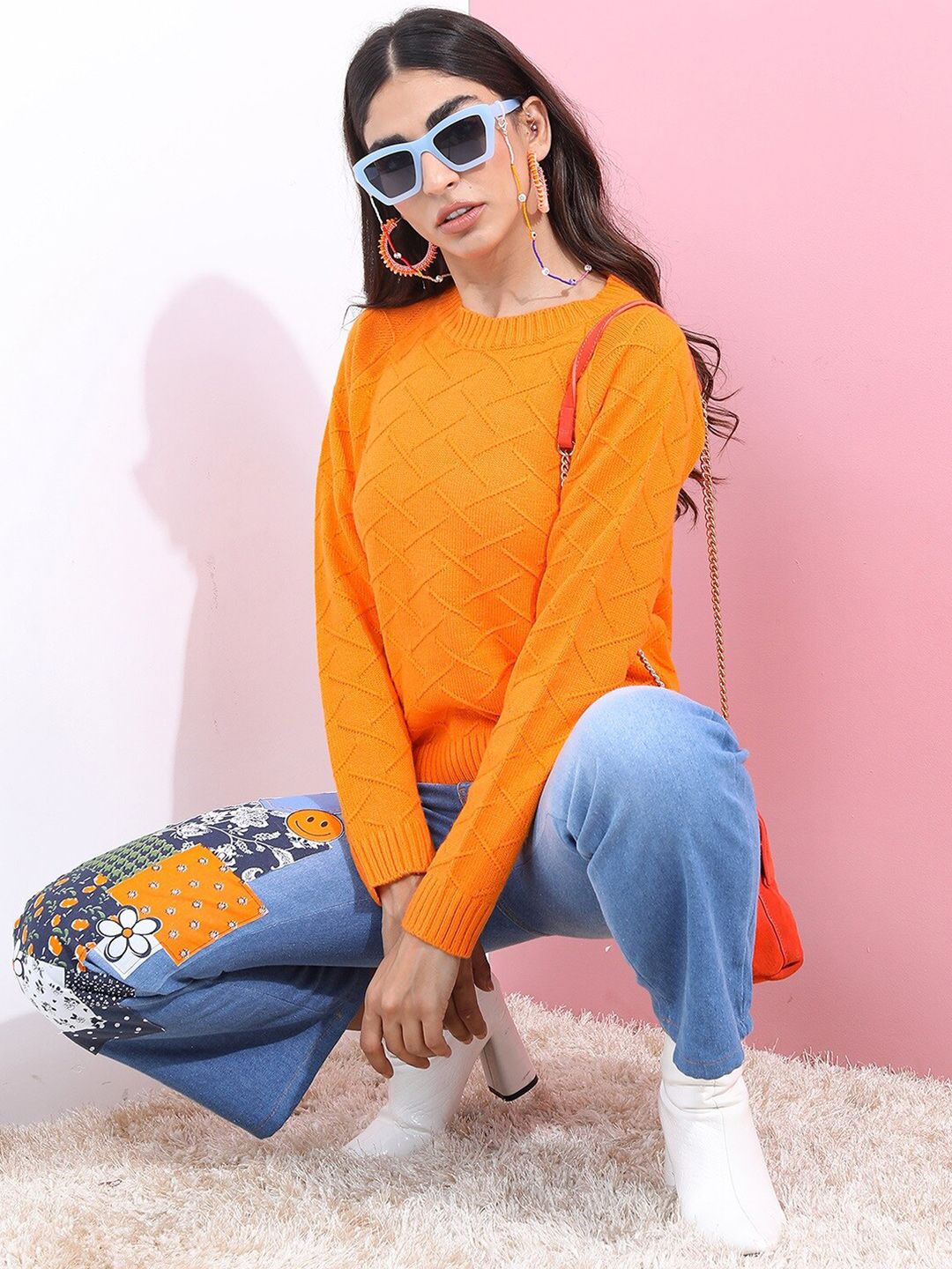 Tokyo Talkies Womens Orange Jacquard Acrylic Pullover