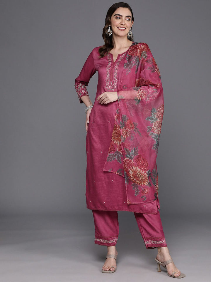Indo Era Floral Embroidered Thread Work Kurta with Trousers & Dupatta
