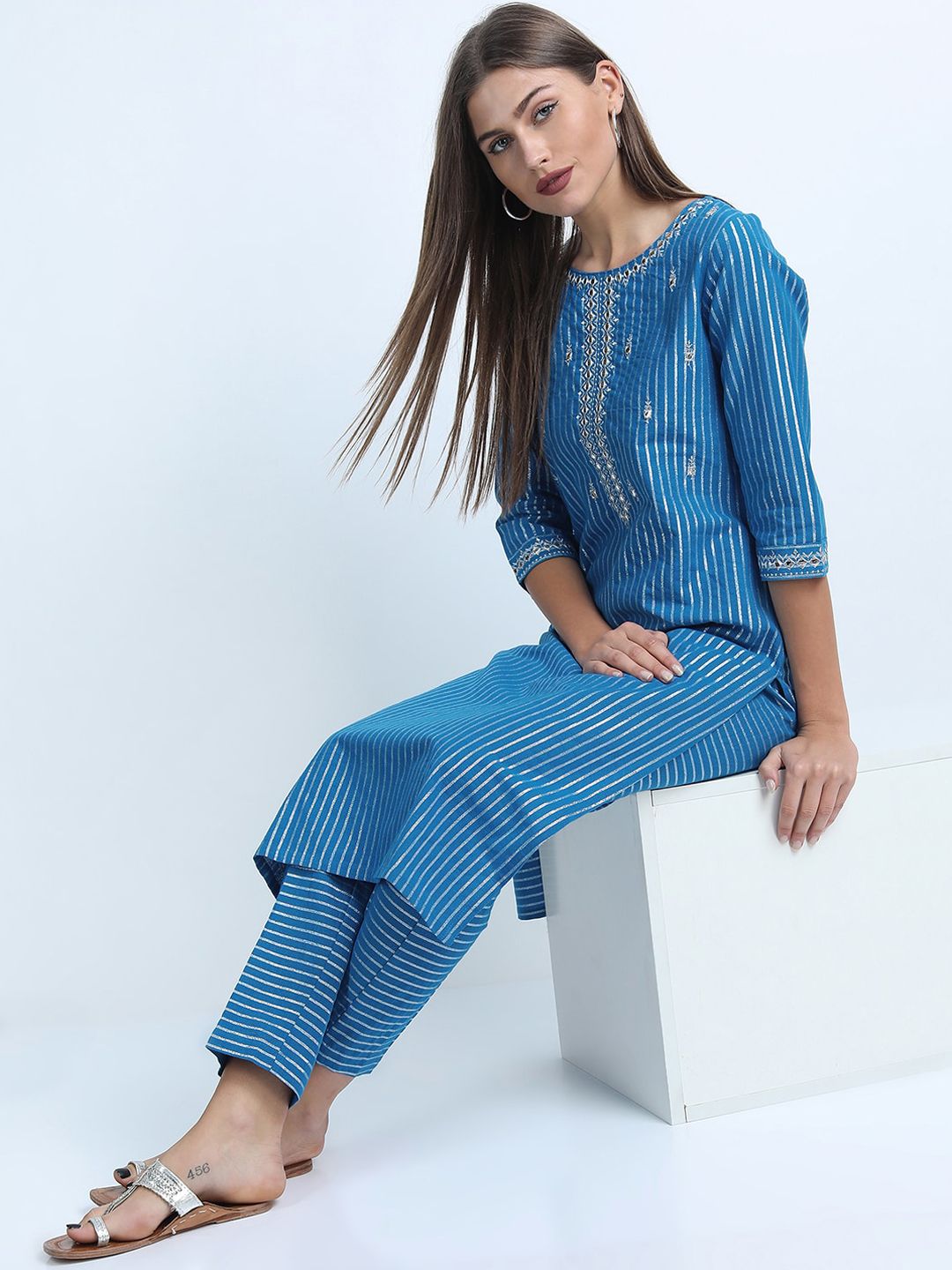 Vishudh Women Blue Striped Thread Work Pure Cotton Kurta with Trousers