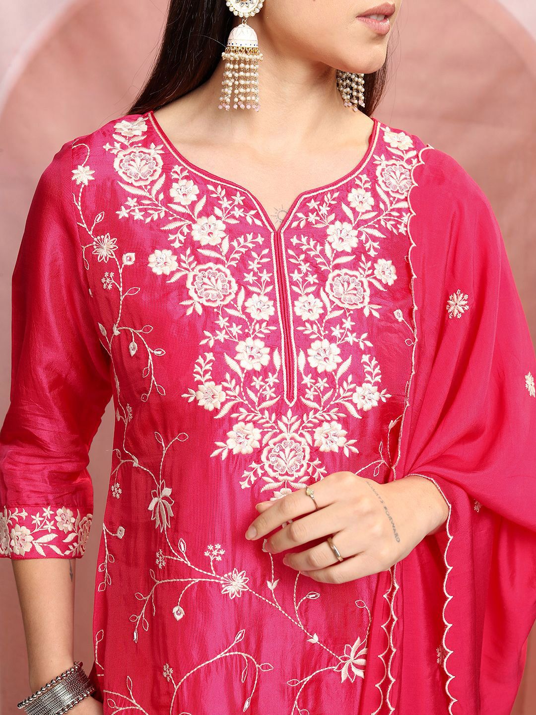 Vishudh Pink Floral Embroidered Thread Work Straight Kurta With Trousers & Dupatta