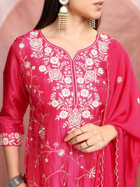Vishudh Pink Floral Embroidered Thread Work Straight Kurta With Trousers & Dupatta