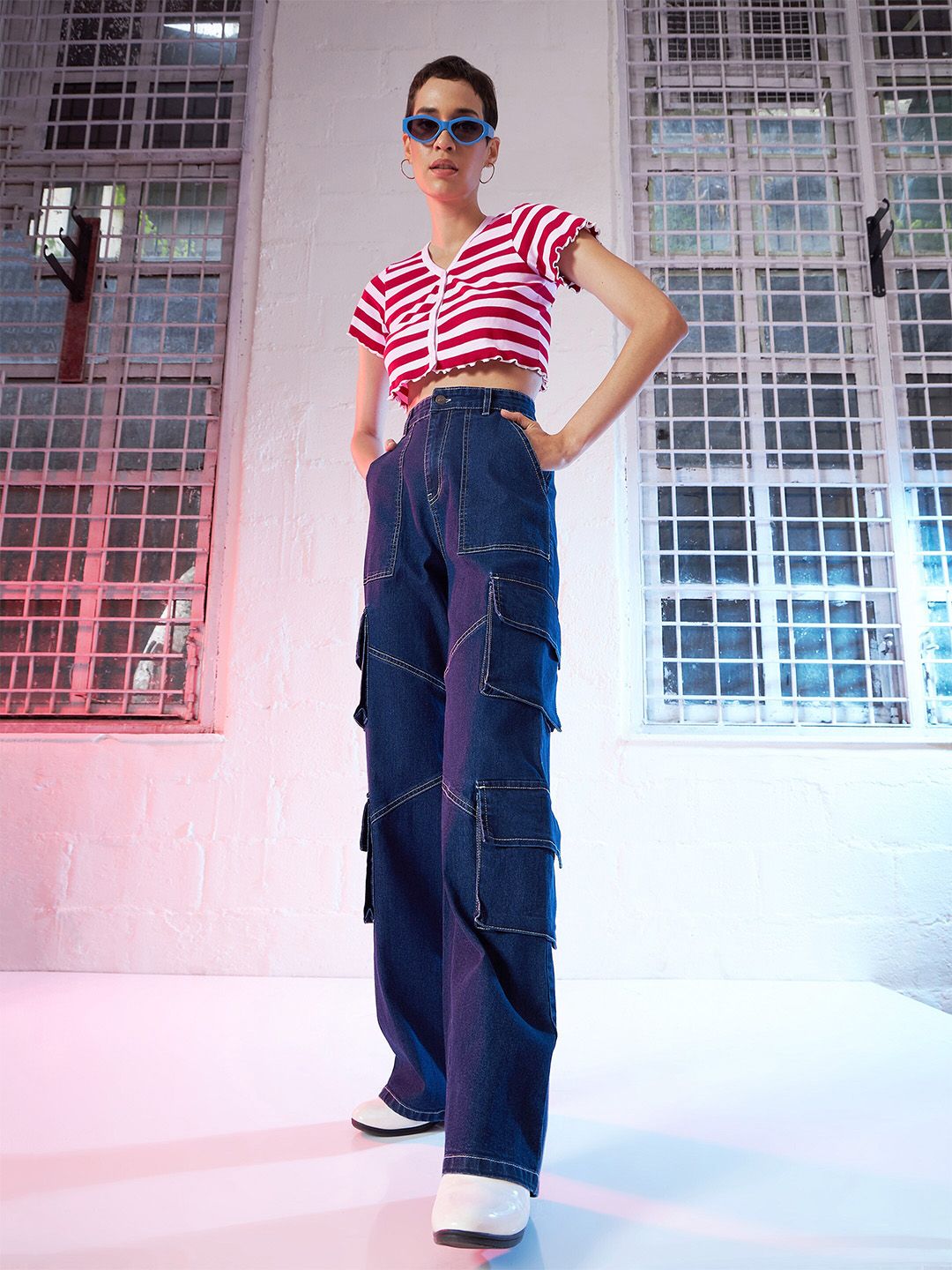SASSAFRAS Red & White Striped Cotton V-Neck Crop Top
