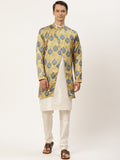 SOJANYA Men Off White Solid Kurta with Churidar & Ethnic Jacket